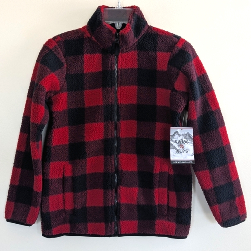 Boys Swiss Alps Buffalo Check Zip Up Sherpa Jacket (Size 10/12)